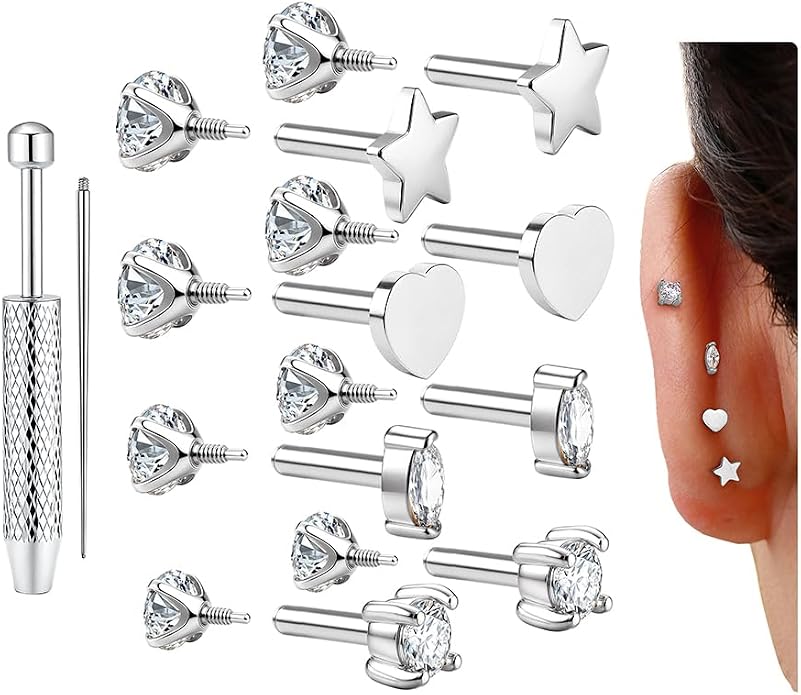 GEMQUEEN Reversible Flat Back Earrings Studs Hypoallergenic - 14K Gold Filled Surgical Steel Earring 18G Cartilage Helix Tragus Conch Piercing Jewelry Extended Internal Thread Earrings for Women Men