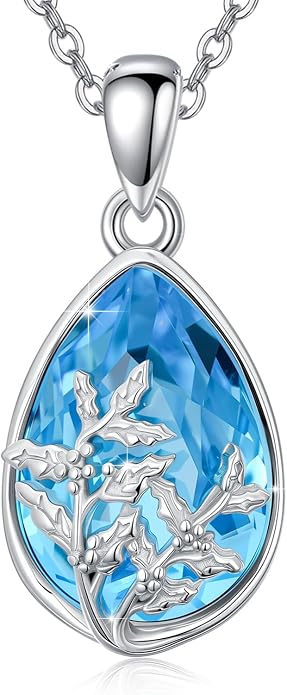 925 Sterling Silver Birth Flower Necklace with Teardrop Shaped Birthstone - 12 Colors, 12 Kinds of Flower - Ideal Birthday Jewelry Gift for Women, Mothers, Daughters & Wives