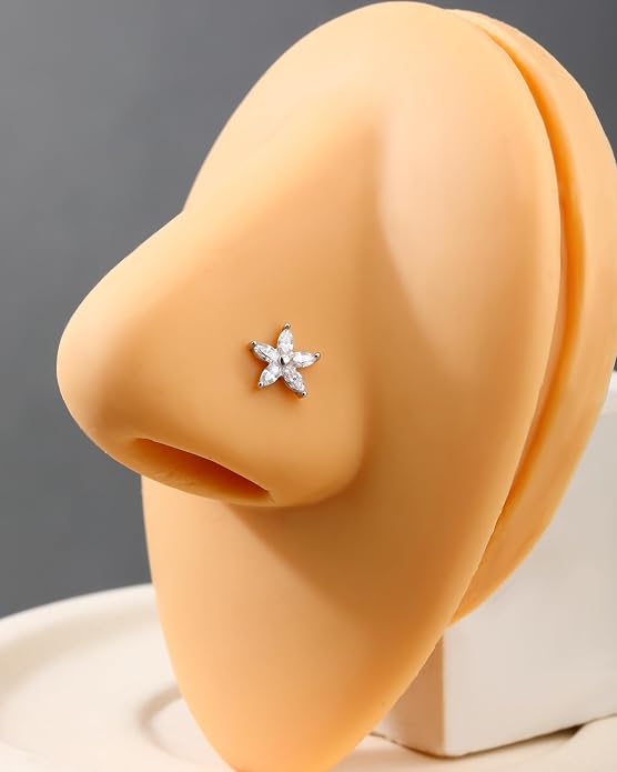 Jewseen 925 Sterling Silver Flat Back Stud Earrings 16g Internally Threaded Tragus Helix Earrings Flower Lip Stud Nose Piercing Jewelry for Women Men