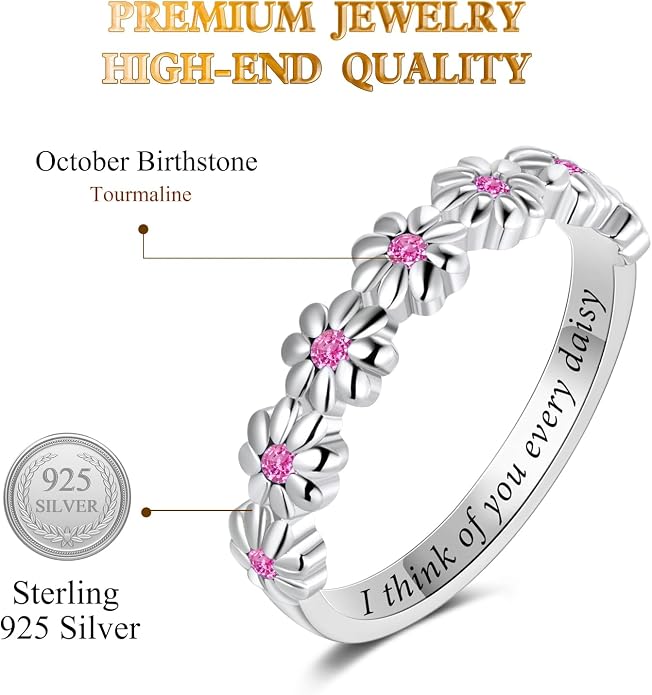 Dainty Daisy Ring for Women, S925 Sterling Silver Cubic Zirconia Sunflower Flower Ring For Daughter, I Think Of You Every Daisy Ring, Birthstone Flower Ring