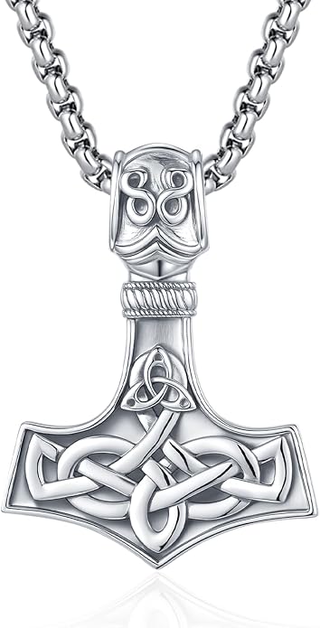 Thor Hammer Necklace for Women Men, S925 Sterling Silver Viking Mjolnir Necklace Pendant with Corlorful Opal Norse Runes Amulet Jewelry Gift