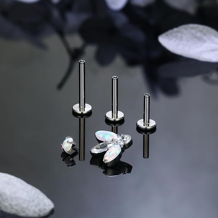 Ruifan Titanium Flat Back Lip Rings Internally Threaded Earrings Studs Nose Rings 16G Opal CZ Tragus Cartilage Lobe Rook Helix Conch Labret Medusa Piercing Jewelry for Women Men W Piercing Taper Set
