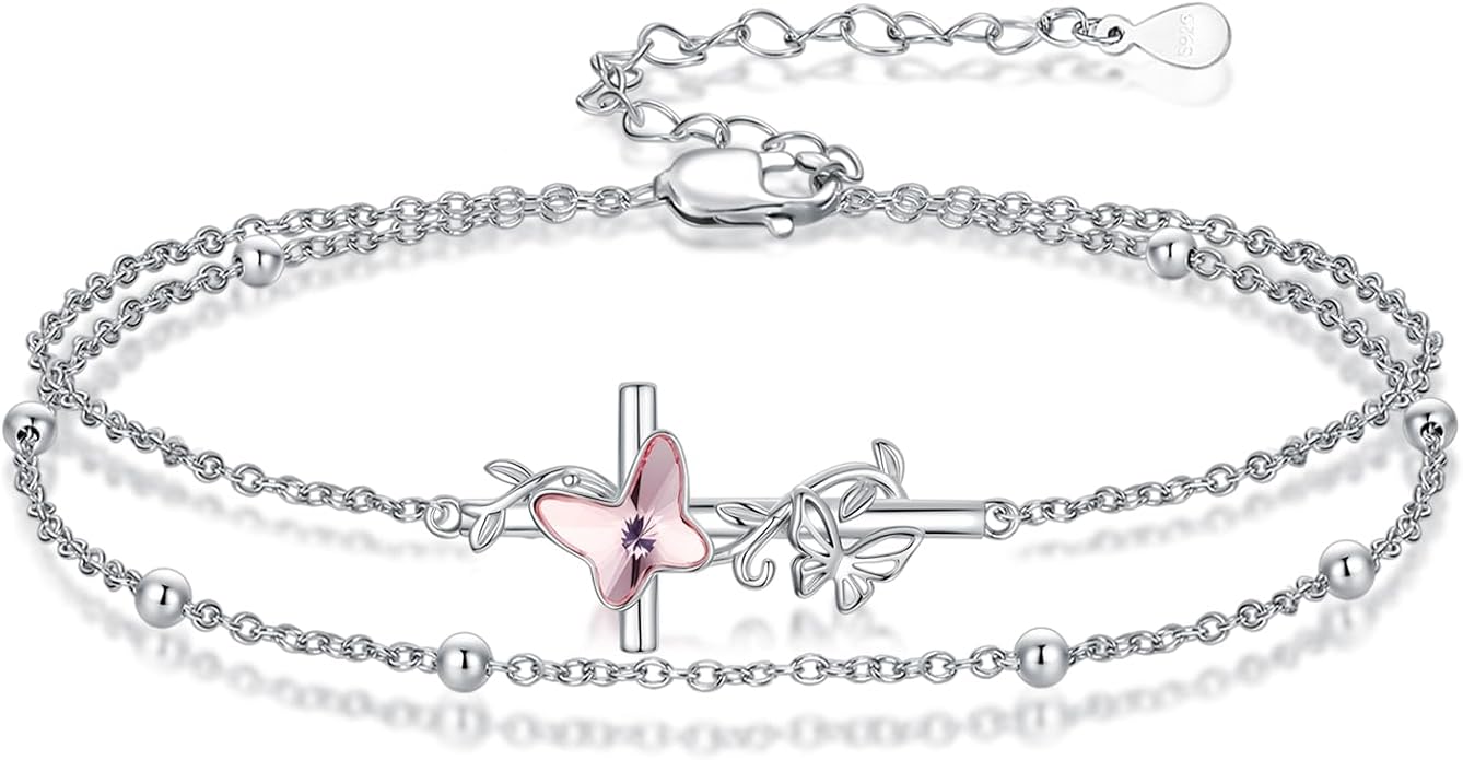 Evil Eye/Butterfly Cross Anklet for Women 925 Sterling Silver Blue Evil Eye Anklets Butterfly Bracelets Greek Blue Eyes Layered Protection Chain Jewelry Christmas Gifts