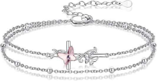 Evil Eye/Butterfly Cross Anklet for Women 925 Sterling Silver Blue Evil Eye Anklets Butterfly Bracelets Greek Blue Eyes Layered Protection Chain Jewelry Christmas Gifts