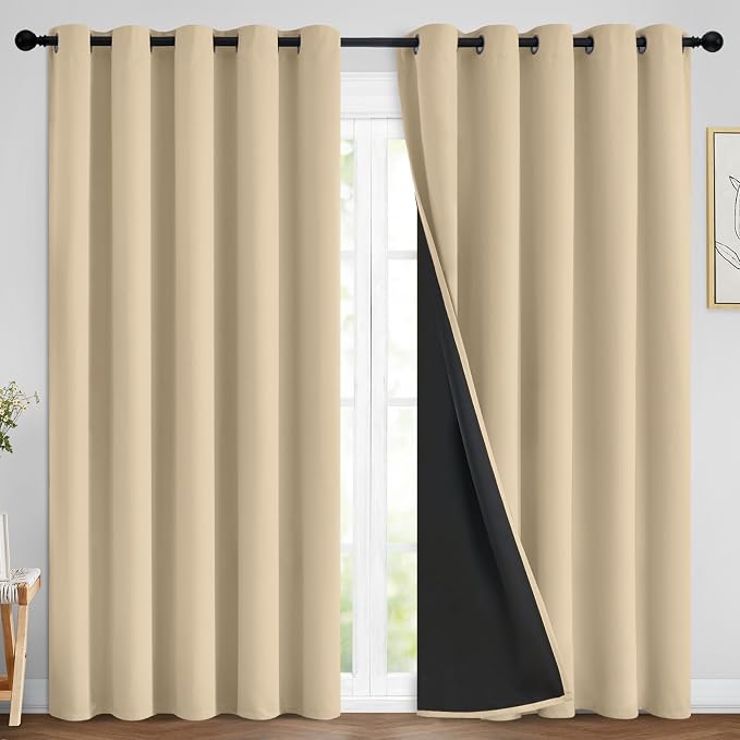 Yakamok Beige 100% Blackout Curtains 84 Inches Long for Bedroom 70" Wide | Blackout Curtain Panels for Bedroom, 2 Thick Layers Grommet Top Thermal Insulated Drapes with Black Liner for Living Room