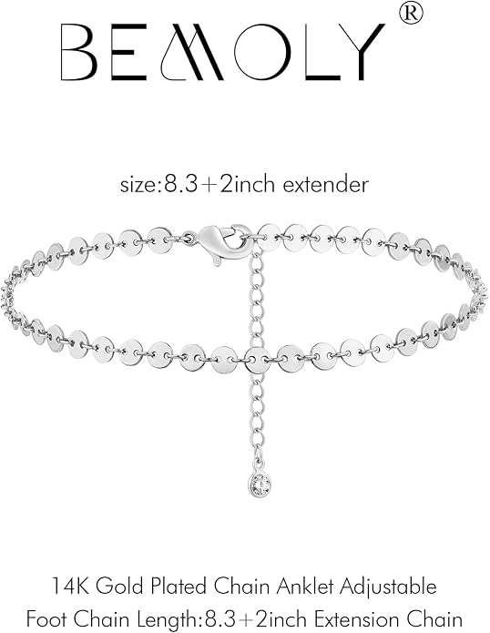 Dainty Gold Disc Chain Anklet for Women, 14K Gold Plated Sequin Foot Bracelet, 8.3"+2" Adjustable Delicate Flat Disc Link Ankle Bracelet, Minimalist Summer Beach Jewelry Gift for Her