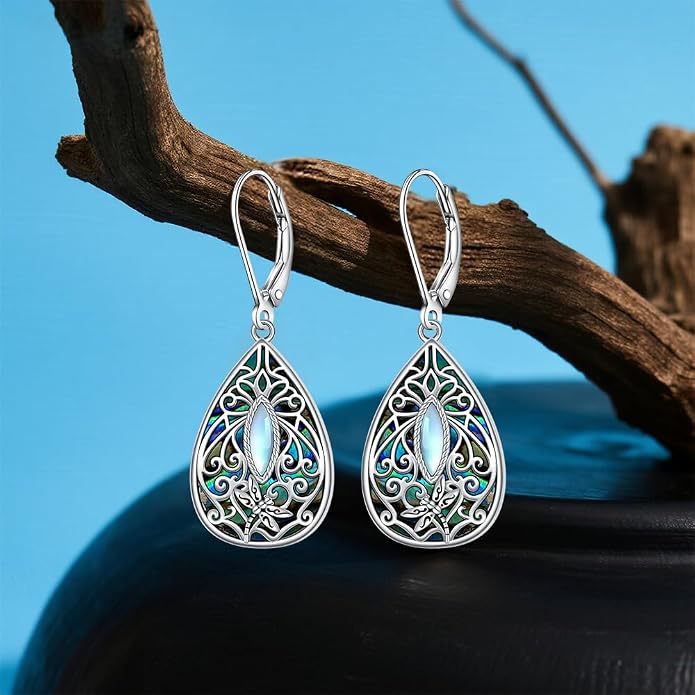 Moonstone Dragonfly Filigree Earrings for Women Sterling Silver Abalone Dragonfly Earrings Teardrop Leverback Dangle Drop Jewelry Gifts