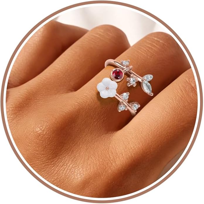 Gold Birthstone Rings for Women Non Tarnish Fashion Stackable Dainty 14KGold PlatedSilver/Rose Adjustable Emerald Green Ring Cubic Zirconia Gemstone Cute Pearl Shell Flower Promise Ring Engagement Birthday Gifts