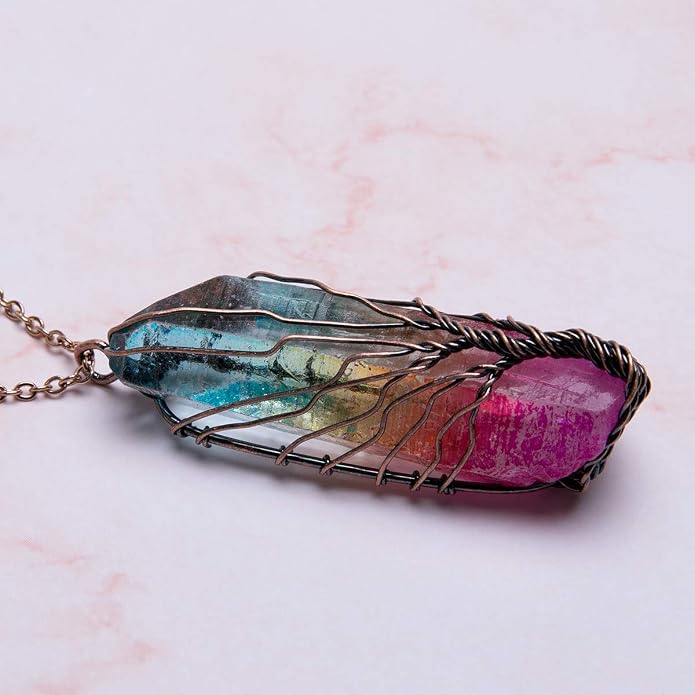 Bivei Life Tree Copper Wire Wrapped Crystal Necklace Chakra Pendant Natural Stone Quartz Reiki Jewelry Gift for Women
