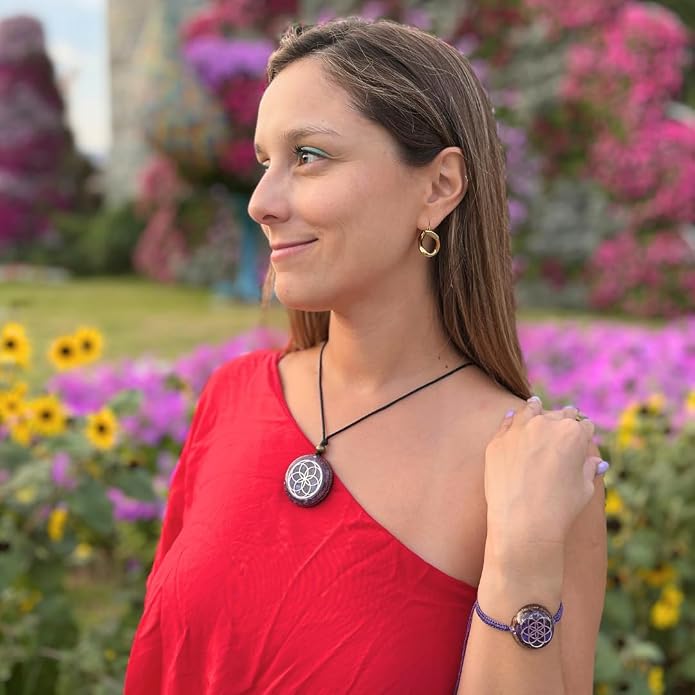 ARTE ORGONES & Design Orgone Necklace Seed of Life Healing Crystals Protection SBB Coil Copper Stone, Orgonite Pendant Amethyst Moonstone Rose Quartz, Yoga, Reiki, Handmade, Amulet