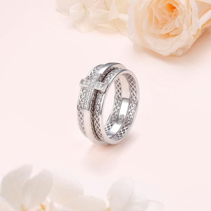 Alphm S925 Sterling Silver Spinner Fidget Anxiety Worry Relieving Boredom ADHD Autism Band Rings