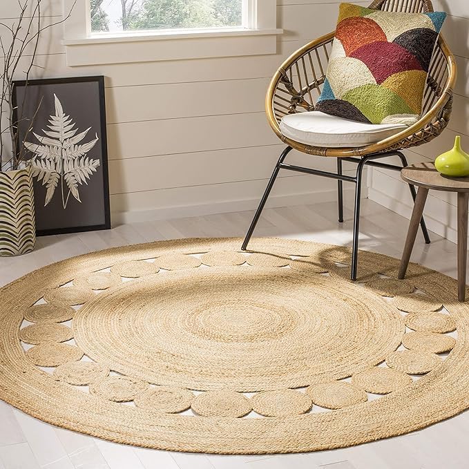 KEMA Jute Area Rug 6ft Round Natual Braided Dot Handwoven Rug Rustic Vintage Reversible Boho Area Rugs for Farmhouse, Living Room, Bedroom, Patio, Kitchen