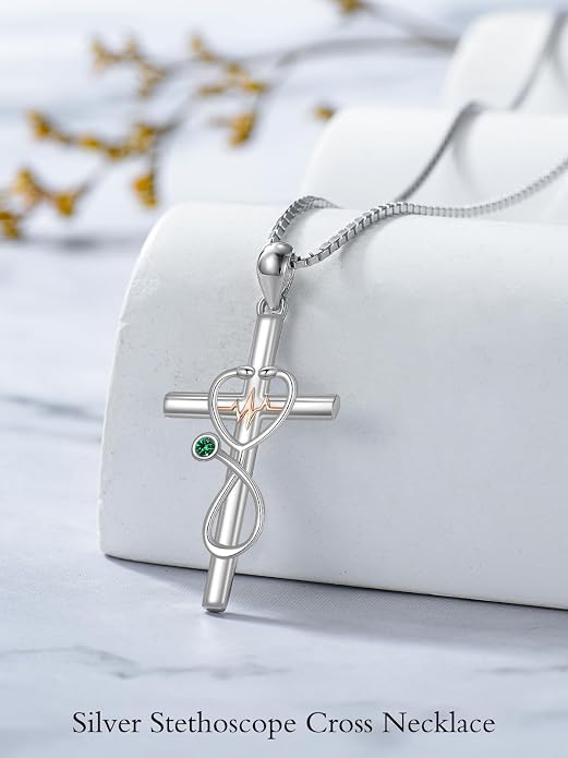 HPQQ Gifts for Nurse Sterling Silver Stethoscope Cross Necklace Nurses Birthstone Jewelry Nursing Themed Medicine Nurses Week Graduation Gifts Doctor Medical Student RN