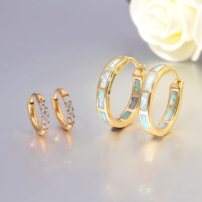 CiNily Sterling Silver/Rose Gold/Yellow Gold Plated Hoop Earrings 20mm,Multicolor Opal Small Hoop Earrings for Women Girls Hypoallergenic Jewelry for Sensitive Ears Gemstone Earrings