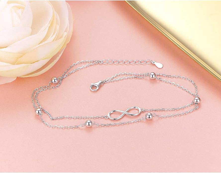Flyow Anklet for Women S925 Sterling Silver Adjustable Foot Beaded Heart Charm Ankle Bracelet Anklets Jewelry