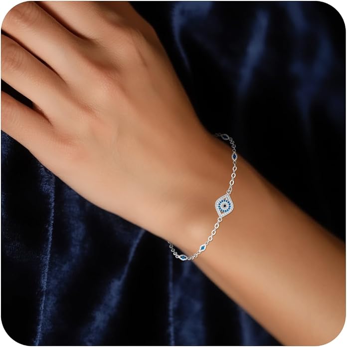 Blue Evil Eyes Link Bracelet, Evil Eye Earrings, S925 Sterling Silver Dainty Cubic Zirconia Adjustable Link Lobster Claw Clasp Chain Jewelry