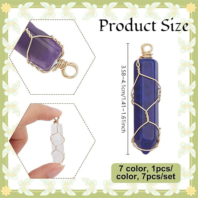 AHANDMAKER 7Pcs Natural Crystal Pendant Wire Wrapped Gemstone Quartz Stone Pendant Copper Wire Wrap Charms Crystal Point Gemstone Wand Charm for Necklace Earrings Jewelry Making DIY Craft