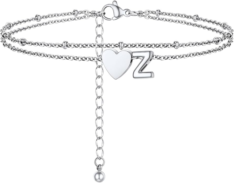 Initial Ankle Bracelets for Women, Dainty Stainless Steel Letter A-Z Layered Anklets, Heart Ankle Bracelet 8.5"-10.5" Adjustable, Summer Beach Jewelry, Come with Box