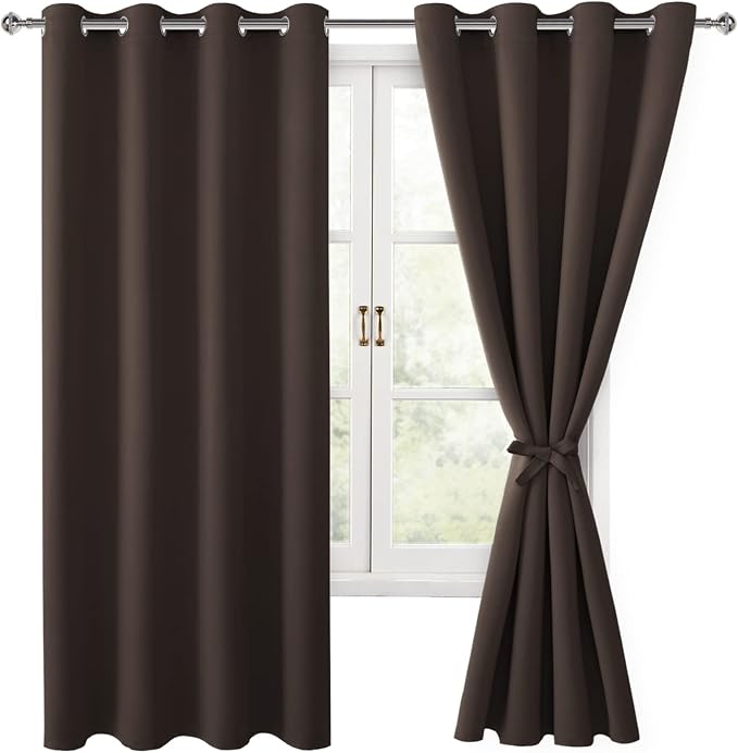 Hiasan Blackout Curtains for Bedroom, 52 x 63 Inches Length - Thermal Insulated & Light Blocking Window Curtains for Living Room, 2 Drape Panels Sewn with Tiebacks, Brown