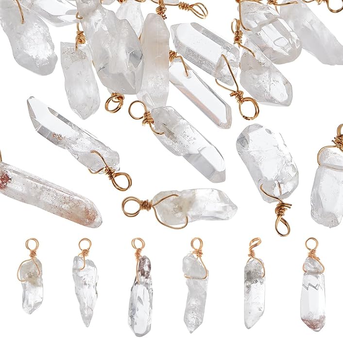 OLYCRAFT 40Pcs Natural Quartz Crystal Pendants Copper Wire Wrapped Pendants Natural Stone with Golden Copper Wire Clear Crystal Gemstone Pendant for Earring Necklace Bracelet Jewelry Making