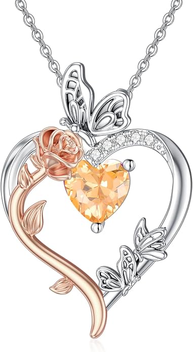 TOUPOP Rose Heart Birthstone Necklace 925 Sterling Silver Heart Butterfly Pendant Love Jewelry Birthday Gifts for Women Wife Mom Her