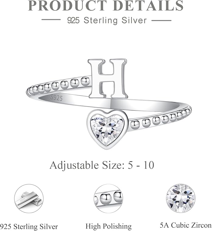 Step Forward 925 Sterling Silver Adjustable Initial Ring for Women | Non Tarnish Letter Rings for Lady | Alphabet Heart Thumb Rings | Capital Letter Jewelry Gifts