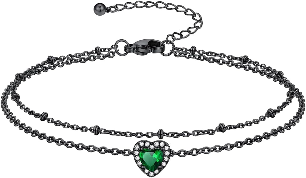 Richsteel Double Layer Heart/Butterfly Birthstone Anklet for Women Non Tarnish Waterproof, Silver/Gold/Black Stainless Steel 8.5-10.5 Inch Adjustable Chain Anklets Jewelry Gifts for Her