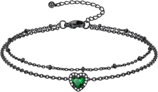 Richsteel Double Layer Heart/Butterfly Birthstone Anklet for Women Non Tarnish Waterproof, Silver/Gold/Black Stainless Steel 8.5-10.5 Inch Adjustable Chain Anklets Jewelry Gifts for Her