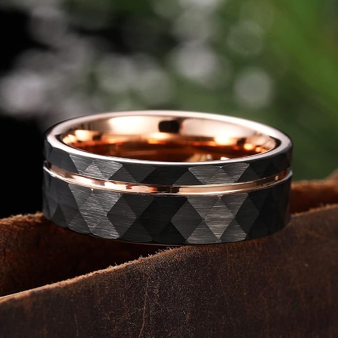 King Will Men's 8mm Tungsten Carbide Wedding Band, Hammered Faceted Diamond Cut Ring with Groove Inlay, Geometric Industrial Engagement Band for Men Women Comfort Fit Size 7-14