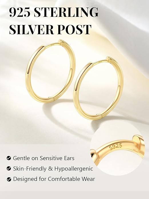 Silvora 14K Gold Plated Huggie Hoop Earrings for Women, Small Sterling Silver Hoops, Hypoallergenic Cartilage Earrings for Sensitive Ears 8/10/12/14/16/18/20MM