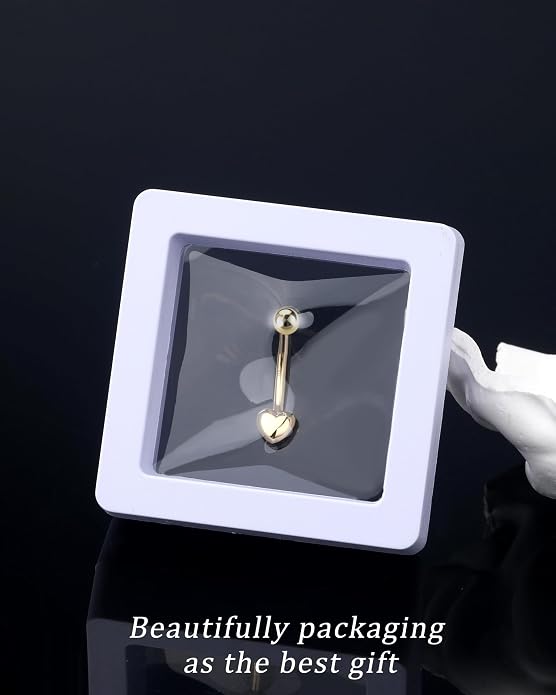 Melighting 9K Solid Gold Belly Button Ring With Heart and Clear CZ - 14G Navel Piercing Jewelry for Women