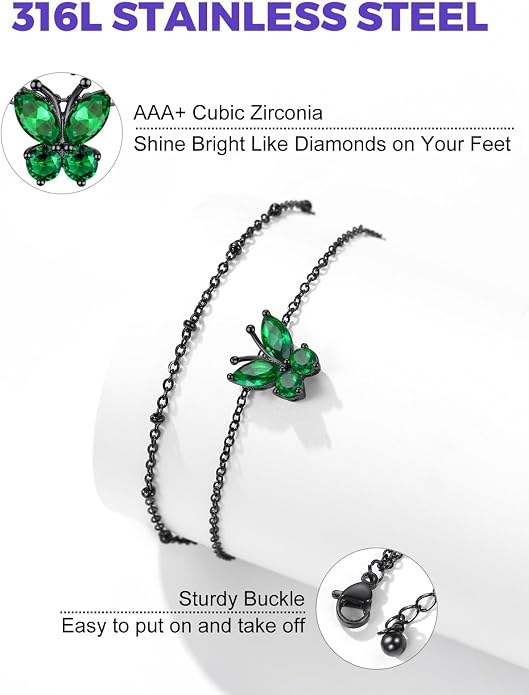 Richsteel Double Layer Heart/Butterfly Birthstone Anklet for Women Non Tarnish Waterproof, Silver/Gold/Black Stainless Steel 8.5-10.5 Inch Adjustable Chain Anklets Jewelry Gifts for Her