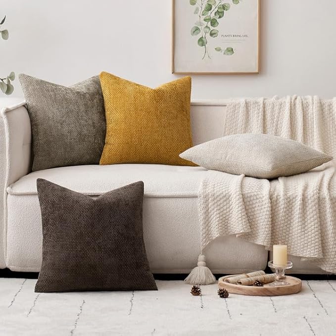 MIULEE Pack of 4 Couch Throw Pillow Covers 16x16 Inch Neutral Gold/Brown Soft Decorative Chenille Pillow Covers Farmhouse Accent Cushion Covers for Boho Fall Home Decor Sofa Bedroom Living Room