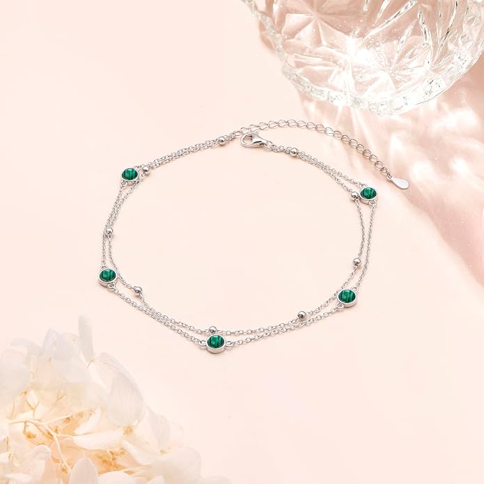 Flyow Anklet for Women S925 Sterling Silver Adjustable Foot Beaded Heart Charm Ankle Bracelet Anklets Jewelry