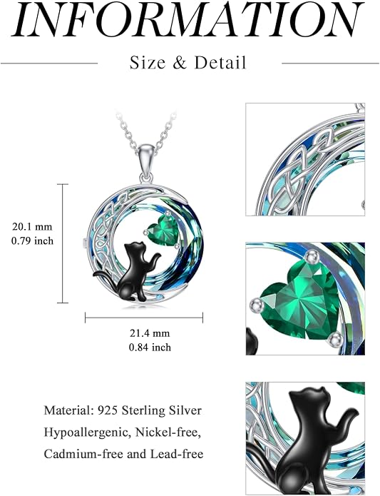 TOUPOP Cat Gifts for Cats Lovers 925 Sterling Silver Black Cat Necklace Celtic Moon Birthstone Jewelry for Women Anniversary Birthday Gift for Her Wife Mom