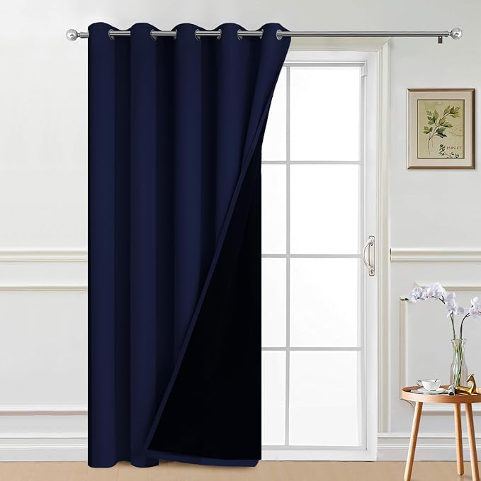 Yakamok Navy Blue Blackout Patio Door Curtain Panels W70 x L84, 1 Panel | Noise Reducing Barrier Panel for Sliding Glass Door, 2 Thick Layers Heat Full Light Blocking Patio Door Drapery