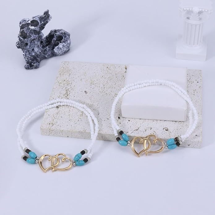 2PC Ankle Bracelets for Women Beaded Heart Ankle Bracelet Waterproof Bohemian Big Plus Size Anklets Summer Beach Accessories Boho Jewelry