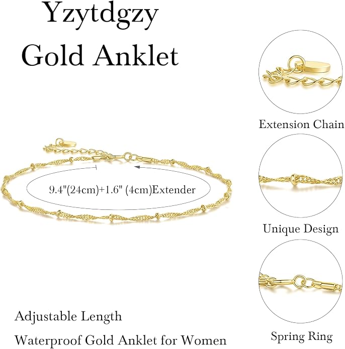 14K Gold Anklets for Women Gold Ankle Bracelets for Women Beaded Anklet for Womens Ankle Bracelet Water Wave-Inspired Design with Beads Twisted Anklets for Womens 9.4'' to 11''