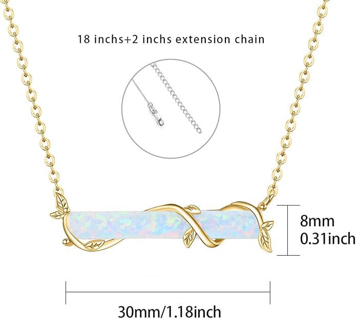 Bar Opal Leaf Necklace For Women S925 Sterling Silver White Opal Pendant with Leaf Charm Bar Pendant Jewelry Gift For Mom Daughter Wife