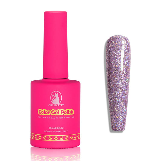 Holographic Glitter Gel Nail Polish, HEMA HPMA TPO Free, Pink Purple Sparkle Shimmer, Need UV Lamp Long Lasting Salon Perfect Gel Nail 15ML for Women (BJ-003)