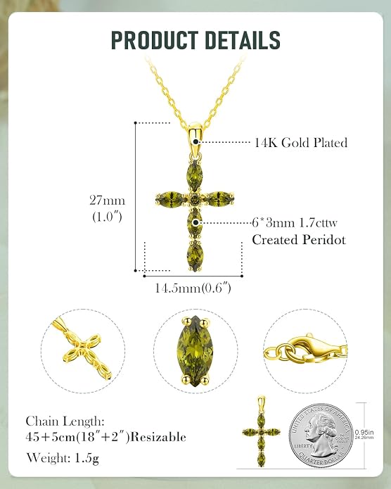 14K Gold Plated 925 Sterling Silver Birthstone Cross Necklace for Women Men