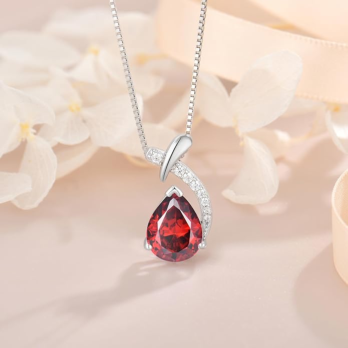Teardrop Birthstone Necklace for Women,925 Sterling Silver Pear Cut Zircon Gemstone Pendant Necklace for Birthday Engagement Anniversary Wedding Jewelry