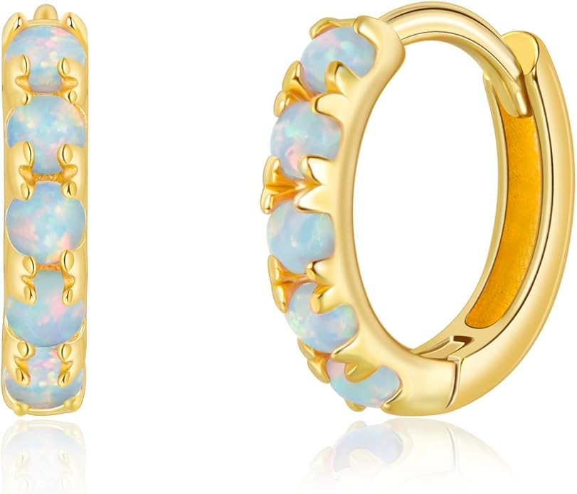Tiny Mini Opal Huggie Hoop Earrings Upper Ear Cartilage Helix 18k Gold Plated Silver Minimalist Simple Small 10mm 8mm 6mm Hoop Earrings