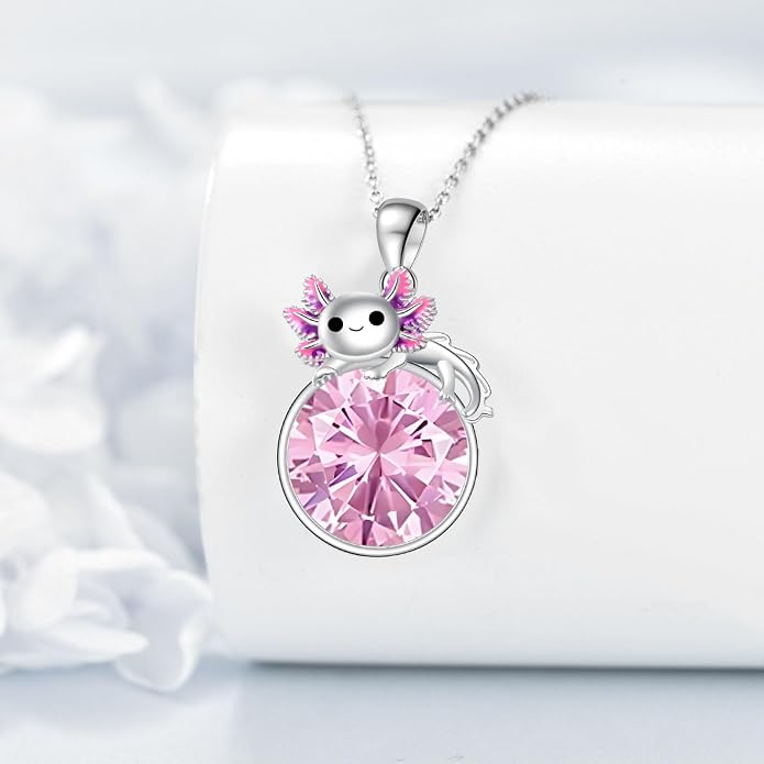 Birthstone Axolotl Necklace Sterling Silver Axolotl Pendant Cubic Zirconia Jewelry Birthday Gifts for Women Men