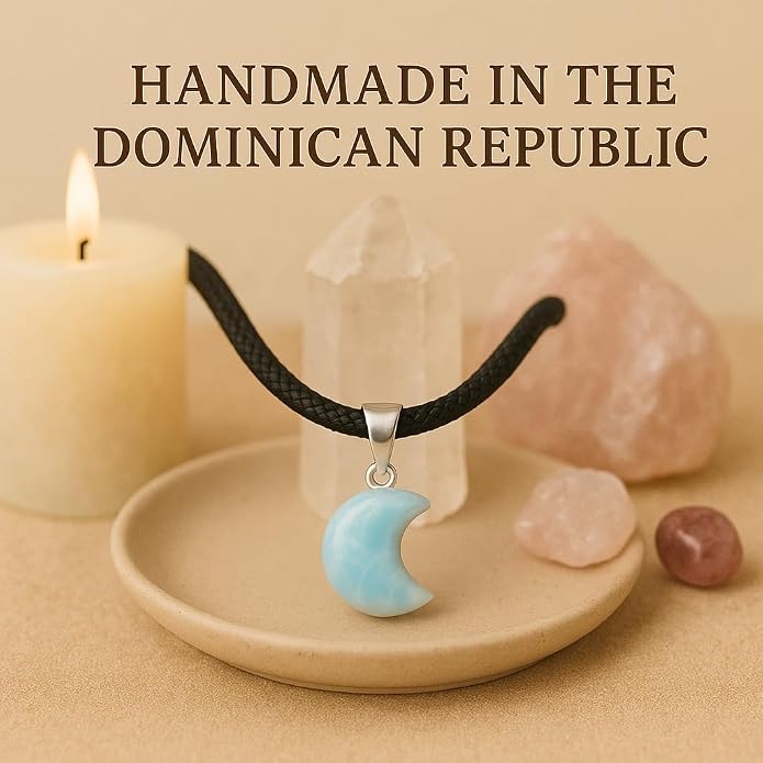 Handmade Larimar Crescent Moon Pendant Necklace – 925 Sterling Silver – Authentic Dominican Gemstone Jewelry – Healing Crystal Gift for Women & Men