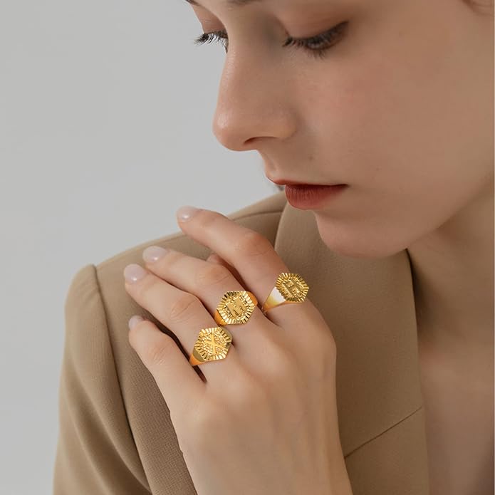 KeyStyle Bold Initial Letter Rings Adjustable, GoldChic Jewelry Women Gold Statement Ring Personalized Engraved Women’s Open Signet Ring for Party (Gold, White Gold, Black)