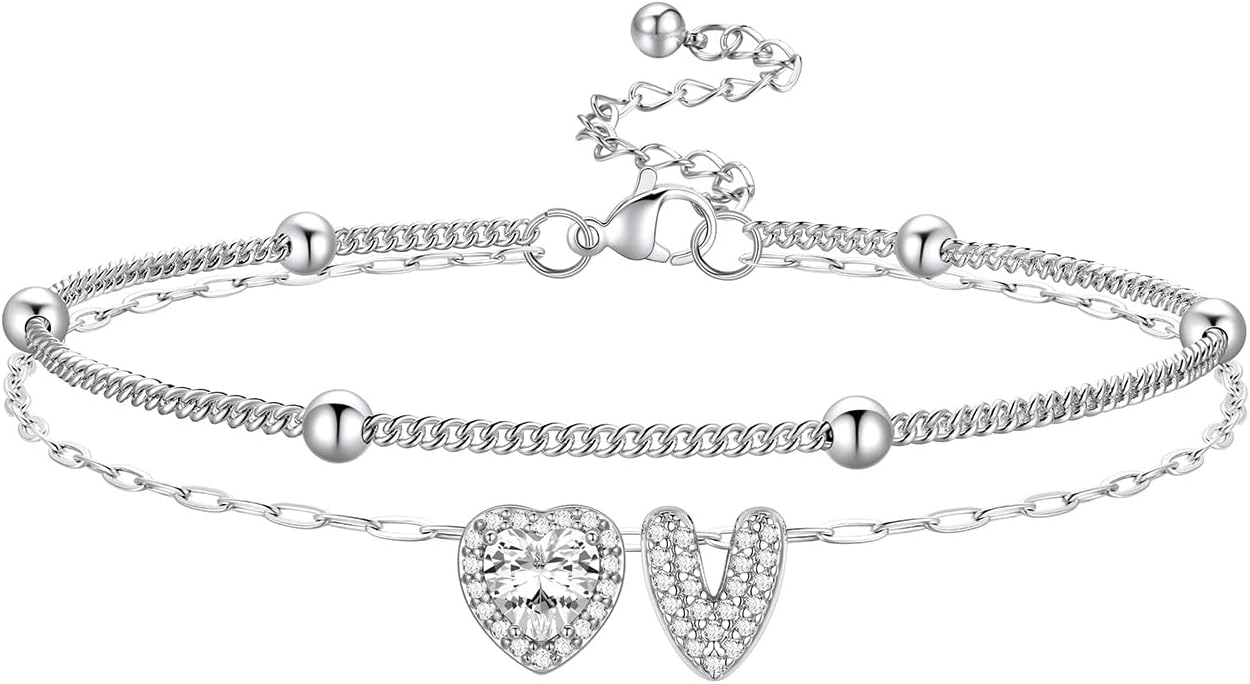 Bestyle Initial Anklet Bracelets for Women Waterproof Non Tarnish 14K Gold/White Gold Plated CZ Anklets for Women Dainty Layered Letter Heart Ankle Bracelets Adjustable Foot Chain Anklet