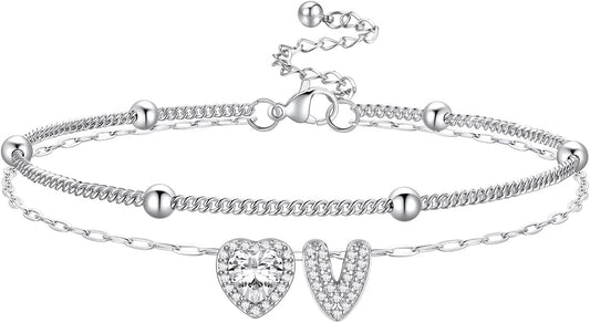 Bestyle Initial Anklet Bracelets for Women Waterproof Non Tarnish 14K Gold/White Gold Plated CZ Anklets for Women Dainty Layered Letter Heart Ankle Bracelets Adjustable Foot Chain Anklet