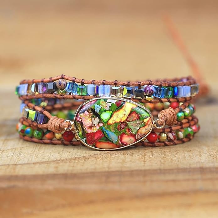 Women Wrap Bracelet Boho Natural Jasper Crystal Stone Beads Strand Bracelets