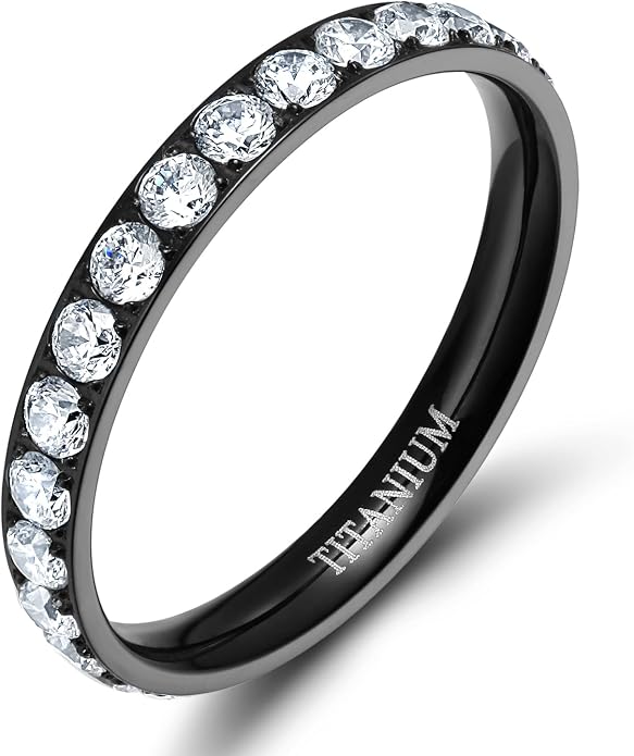 TIGRADE 3mm Women Titanium Engagement Ring Cubic Zirconia Eternity Wedding Band Size 3-13.5